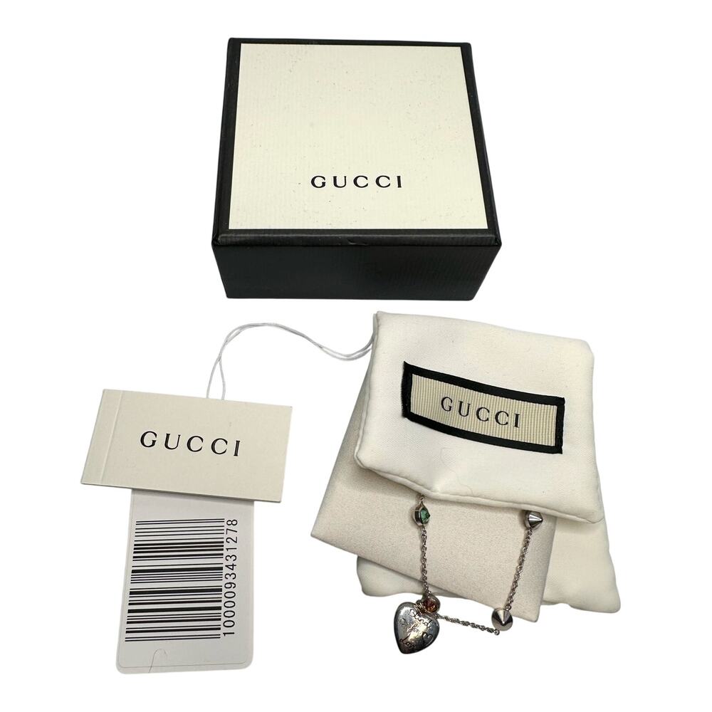 Gucci 'Blind for Love' Engraved Heart Bracelet w Rose Pink & Green Stones